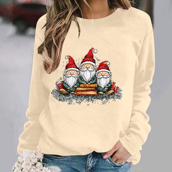 PNTUTB Women's Fashion Santa Claus Pattern Print Casual Crewneck Long Sleeve Loose Pullover Hoodless Sweatshirt