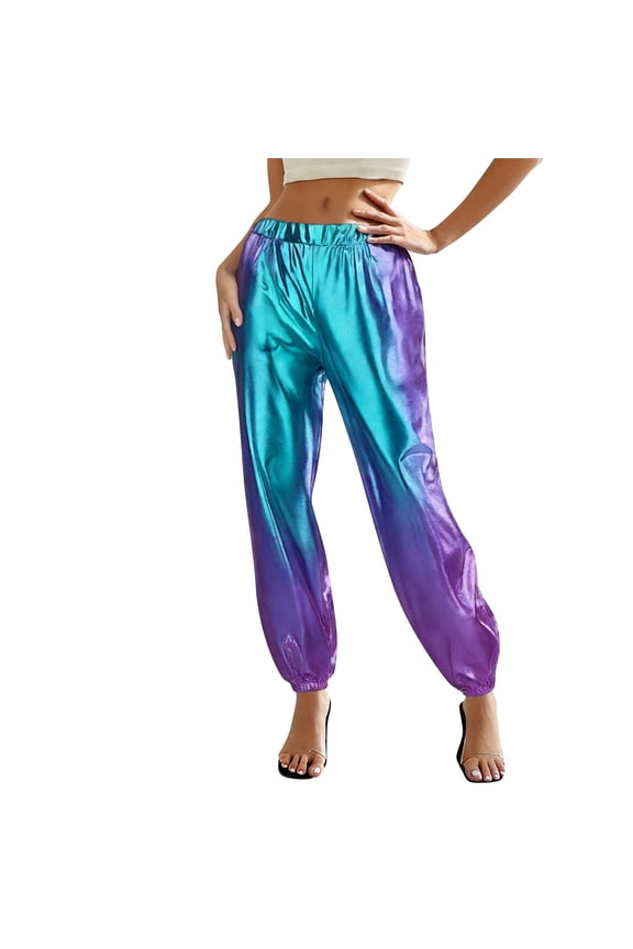 Women's Fashion Solid Color Glossy Elastic Waist Casual Comfortable Cuffed Pants with Pockets