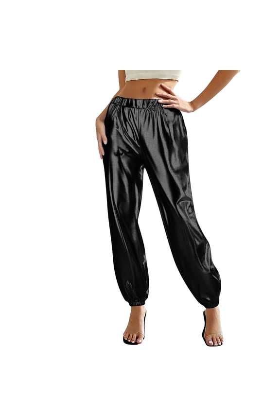 Women's Fashion Solid Color Glossy Elastic Waist Casual Comfortable Cuffed Pants with Pockets