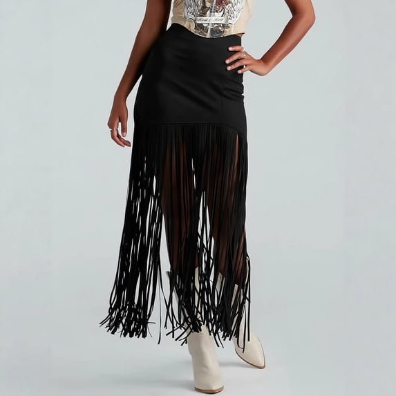 PNTUTB Women's Fashion Solid Color High Waisted Slim Suede Skirt with Fringe Hem and Ankle Length