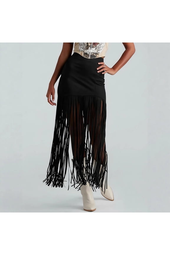 Women's Fashion Solid Color High Waisted Slim Suede Skirt with Fringe Hem and Ankle Length