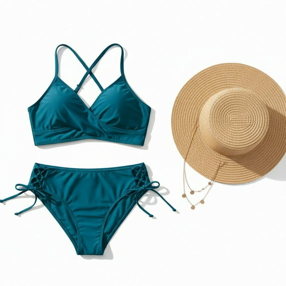 PNTUTB Women's Fashion Solid Color High Waisted V Neck Drawstring Adjustable Separate Swimsuit Set