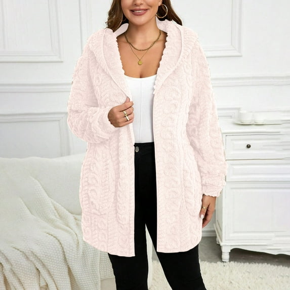 PNTUTB Women's Fashion Solid Color Jacquard Cardigan Long Sleeve Hooded Casual Fleece Warm Coat with Pocket