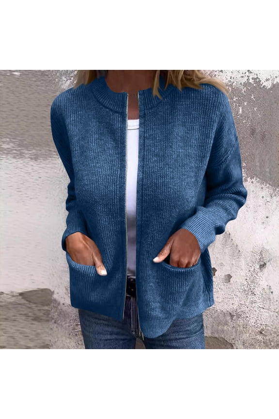 Women's Fashion Solid Color Knit Ribbed Hoodless Zipper Pocket Long Sleeve Casual Jacket&Flash Picks