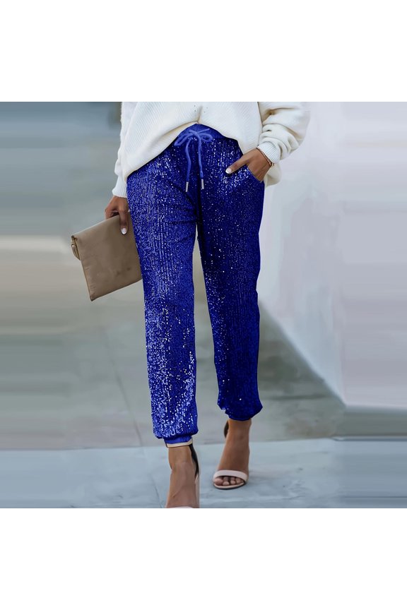 Women's Fashion Solid Color Sequined Elastic Waist Drawstring Casual Comfort Cuffed Pants with Pockets