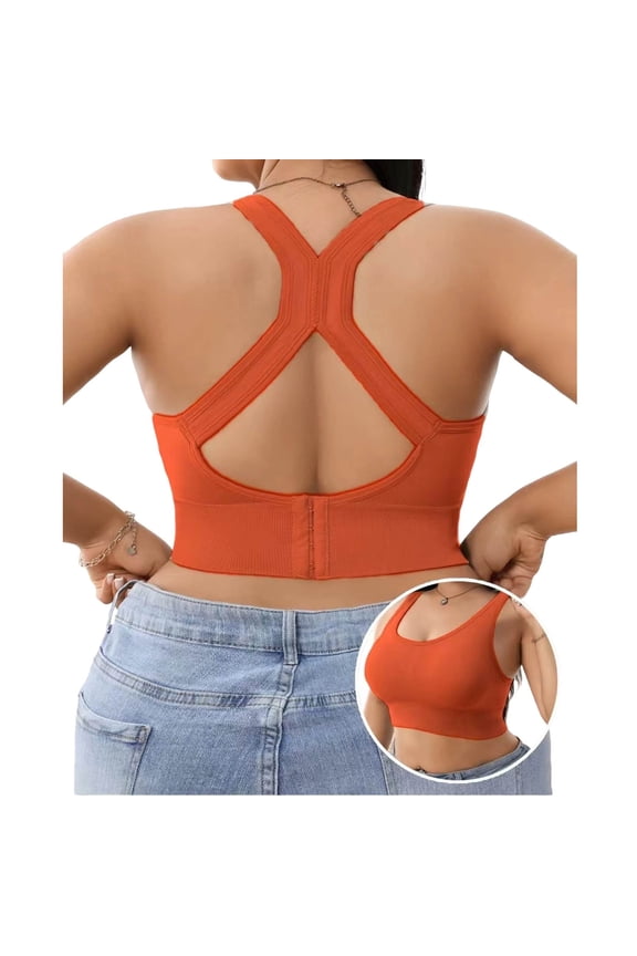 Women's Fashion Solid Color Sports Bra with Cross-Back Straps Seamless Wire-Free Comfort Bra Shock-Absorbing Gathering and Enhancing Design