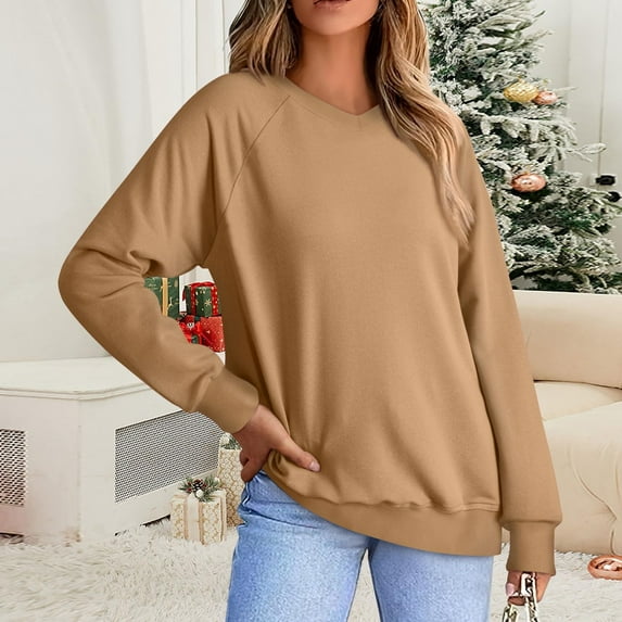 PNTUTB Women's Fashion Solid Color V-Neck Long Sleeve Relaxed Fit Pullover Basic Versatile Top&Flash Picks