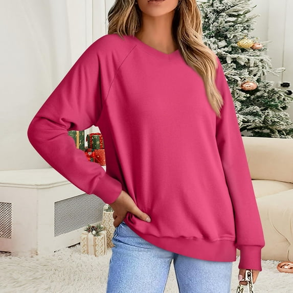 PNTUTB Women's Fashion Solid Color V-Neck Long Sleeve Relaxed Fit Pullover Basic Versatile Top&Flash Picks