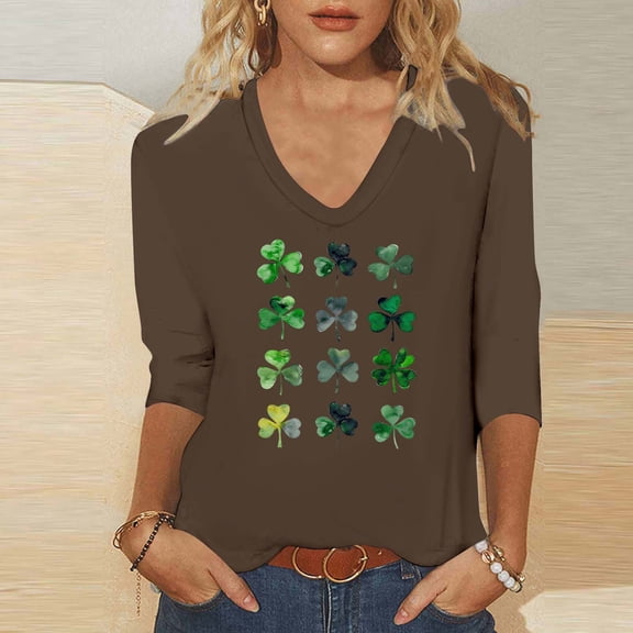 PNTUTB Women's Fashion St.Patrick's Day Printed Loose Fit Tee Comfortable Top 3/4 Sleeve V Neck Blouse