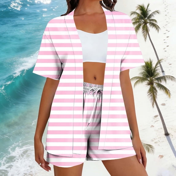 PNTUTB Women's Fashion Striped Casual Loose Comfortable Short Sleeve Cardigan with Elastic Waist Drawstring Shorts Set