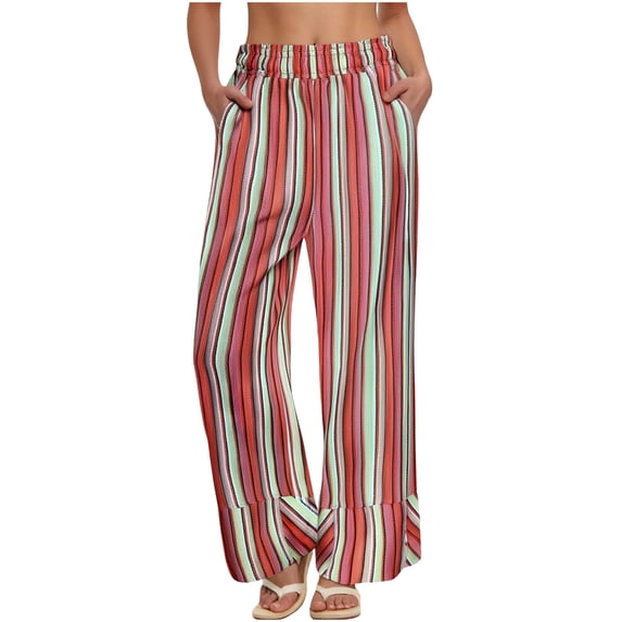 PNTUTB Women's Fashion Striped Elastic Waist Casual Loose Comfortable Wide Leg Pants with Pockets