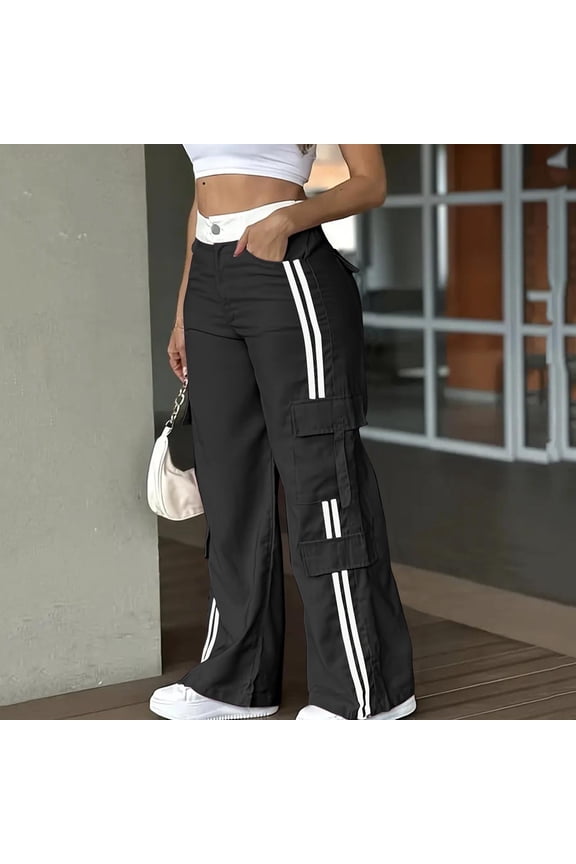 Women's Fashion Striped Patchwork High Waisted Relaxed Comfortable Straight Leg Pants with Multiple Pockets