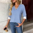 thumbnail image 1 of PNTUTB Women's Fashion Striped V-Neck Long Sleeve Casual Top with Live Cuffs and Curved Hem, 1 of 6
