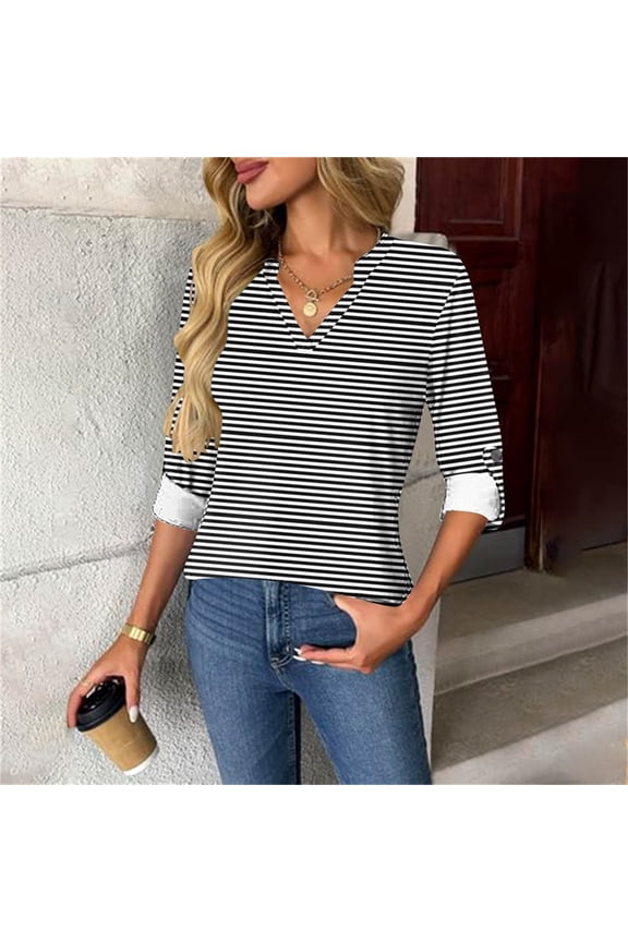 Women's Fashion Striped V-Neck Long Sleeve Casual Top with Live Cuffs and Curved Hem