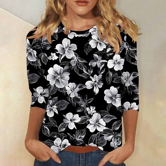 PNTUTB Women's Fashion Tees Casual Crewneck 3/4 Sleeve Loose T Shirt Ladies Blouses Shirts