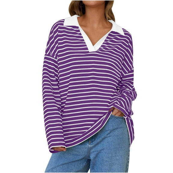 PNTUTB Women's Fashion Trendy Striped V-Neck Long Sleeve Pullover Casual Loose Fit Comfortable Top