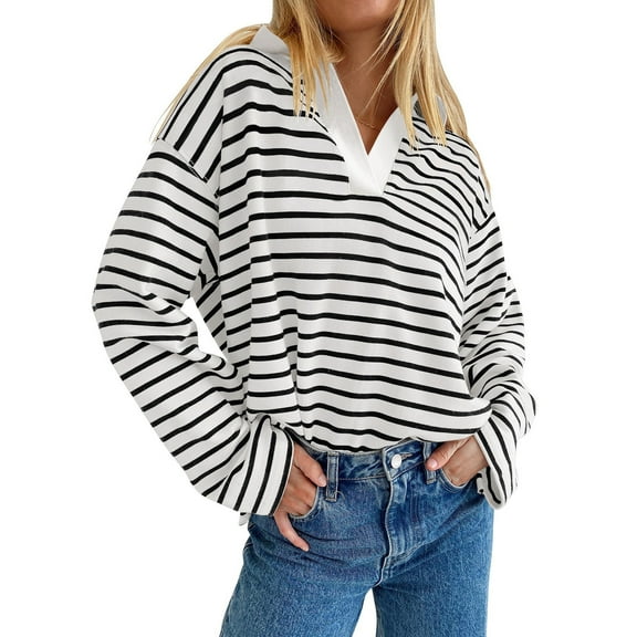 PNTUTB Women's Fashion Trendy Striped V-Neck Long Sleeve Pullover Casual Loose Fit Comfortable Top