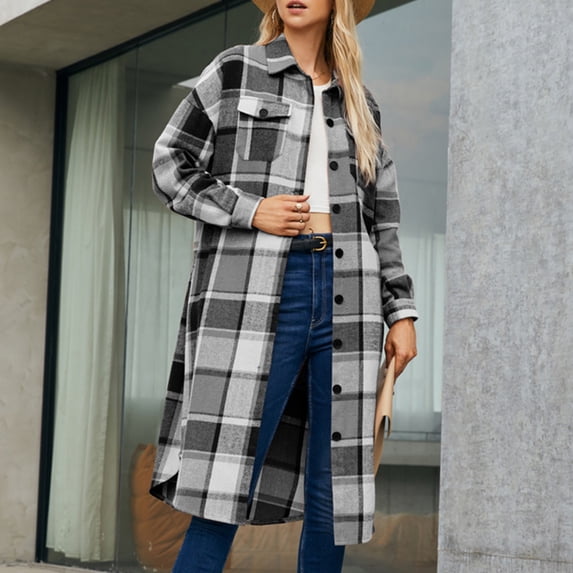PNTUTB Women's Fashion Versatile Color-blocked Plaid Lapel Long Sleeve Button Down Long Coats with Pockets