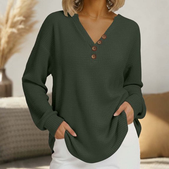 PNTUTB Women's Fashion Versatile Solid Color Waffle Weave V Neck Button Long Sleeve Casual Loose Tops