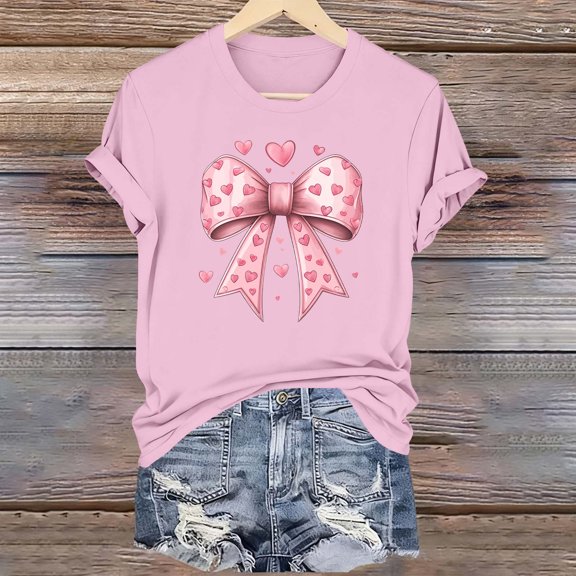 PNTUTB Women's Fashion Versatile Valentine's Day Print Casual Crew Neck Loose Short Sleeve Comfort T Shirt