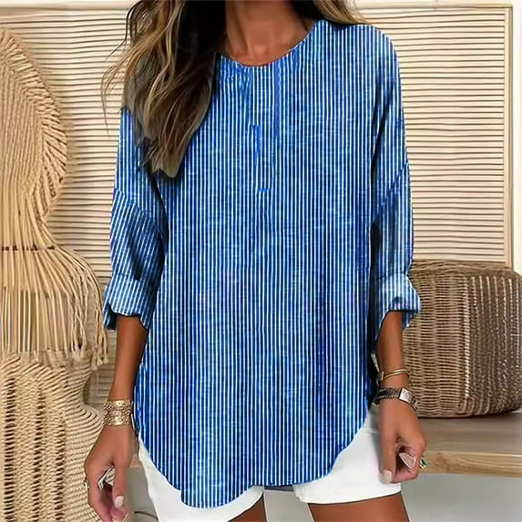 PNTUTB Women's Fashion Vertical-Stripe V-Neck Long Sleeve Pullover Rolled-Sleeve Casual Loose Fit Top&Flash Picks