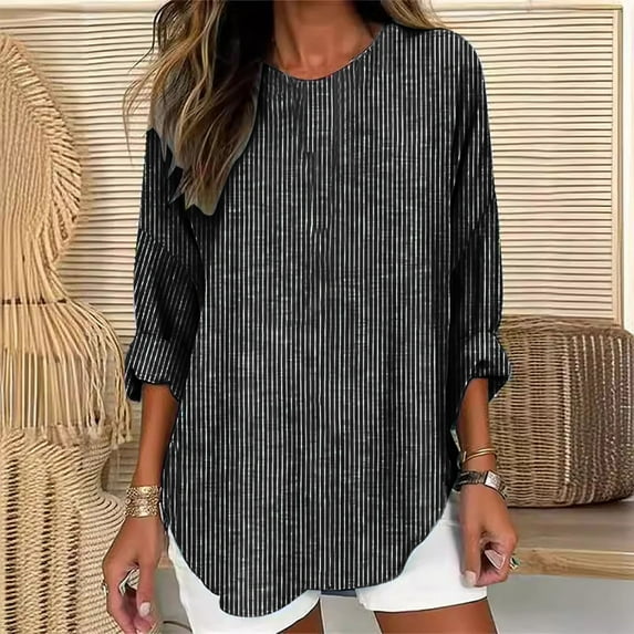 PNTUTB Women's Fashion Vertical-Stripe V-Neck Long Sleeve Pullover Rolled-Sleeve Casual Loose Fit Top&Flash Picks