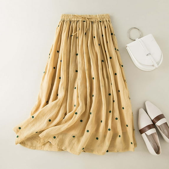 PNTUTB Women's Fashion Vintage Solid Color Polka Dot Elastic Waist Pleated Full Skirt Loose Skirt with Lining