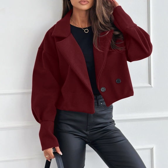 PNTUTB Women's Fashion Wool Blend Solid Color Lapel Button Down Long Sleeve Casual Versatile Cropped Coats