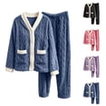 thumbnail image 1 of PNTUTB Women's Fleece Soft Warm Pajama Set Contrast V-neck Button Long Sleeve Pockets Top and Pant Fall Winter Loungewear Set, 1 of 7