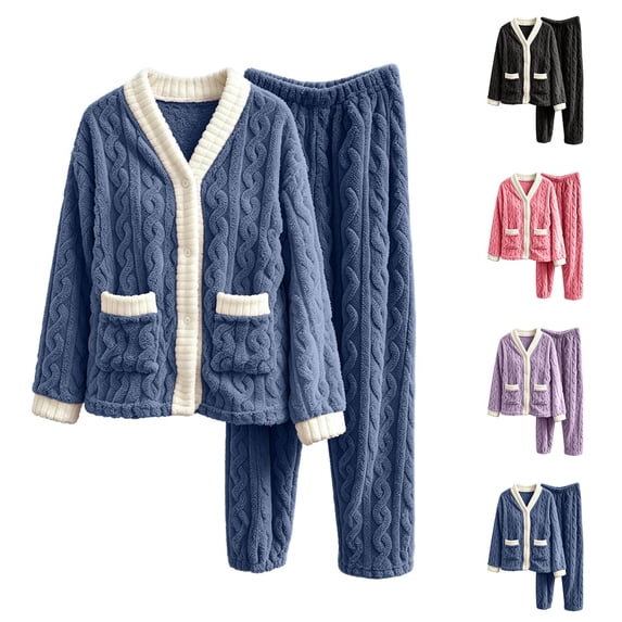 PNTUTB Women's Fleece Soft Warm Pajama Set Contrast V-neck Button Long Sleeve Pockets Top and Pant Fall Winter Loungewear Set