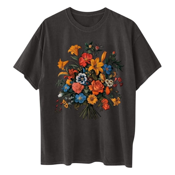 PNTUTB Women's Floral Pattern Short Sleeve Round Neck Drop Shoulder Sleeve T Shirt Comfortable Top