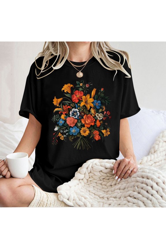 Women's Floral Pattern Short Sleeve Round Neck Drop Shoulder Sleeve T Shirt Comfortable Top