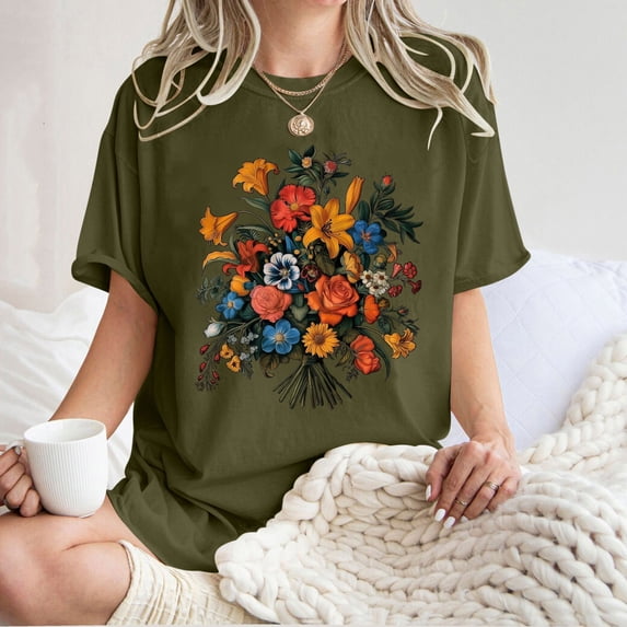 PNTUTB Women's Floral Pattern Short Sleeve Round Neck Drop Shoulder Sleeve T Shirt Comfortable Top