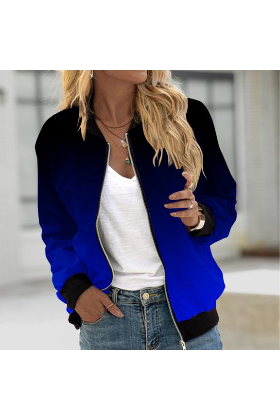 Women's Oversized Jackets Fashion Gradient Long Sleeve Zipper Pocket Casual Jacket
