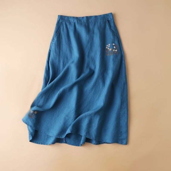 PNTUTB Women's Half Skirt Solid-Color Embroidered Lightweight Breathable Loose Elastic Waistband High-Waisted Casual Midi Skirt with Pockets