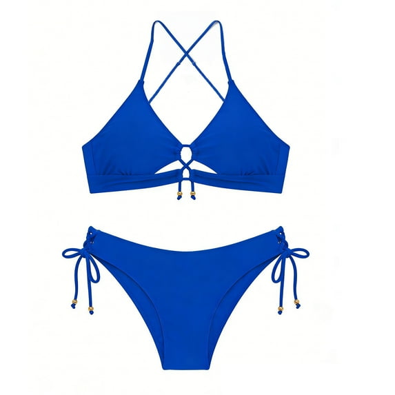 PNTUTB Women's High Waisted Solid Color V Neck Drawstring Adjustable Fashion Separate Swimsuit Set