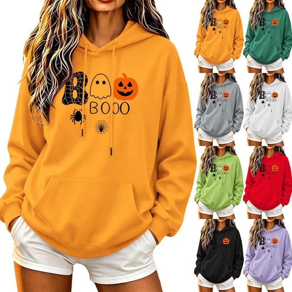 PNTUTB Women's Hooded Drawstring Sweatshirt Long Sleeve Pullover Halloween Print Casual Loose Comfort Fall Winter Fashion Trendy Top with Pocket