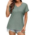 thumbnail image 1 of PNTUTB Women's Lightweight Breathable Solid Color Casual Openwork V Neck Short Sleeve Loose Comfort T Shirts, 1 of 6