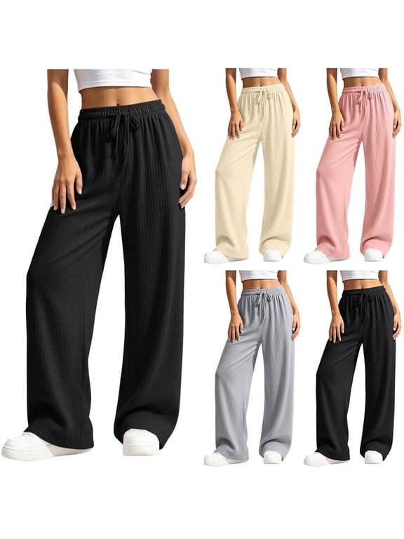 Women's Long Pants Solid-Color Lightweight Breathable Drapey Pants Casual Elastic-Waist Drawstring Loose Straight-Leg Pants