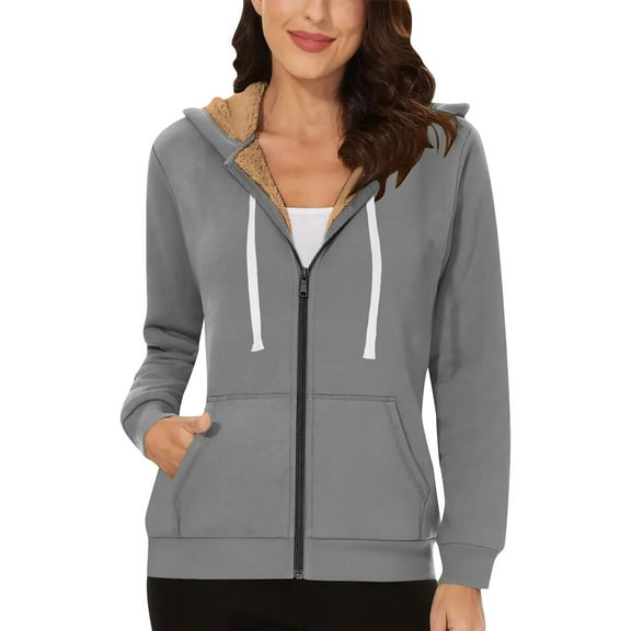 PNTUTB Women's Long Sleeve Drawstring Hoodies Fleece Lined Zip Solid Color Sweatshirt Coat with Pockets