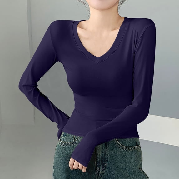 PNTUTB Women's Long Sleeve V-neck Pullover Solid Color Comfortable Shirt Soft Basic Tees Blouses