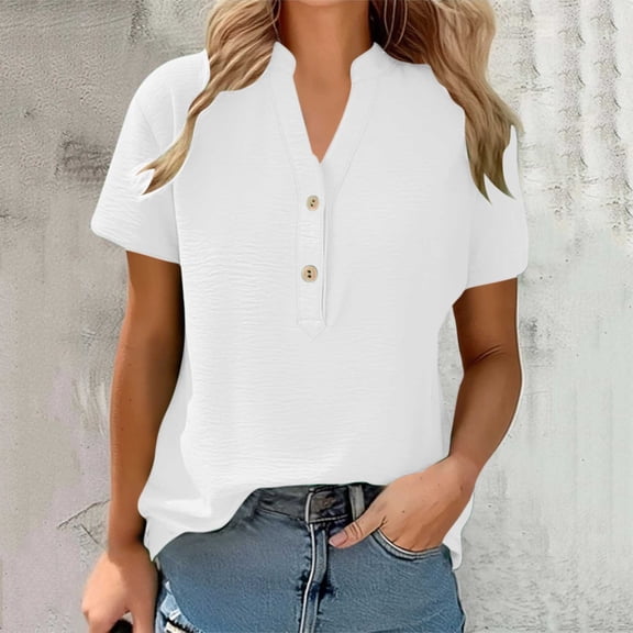 PNTUTB Women's Minimalist Solid Color V Neck Button Front Pullover Short Sleeve Basic Versatile T Shirt