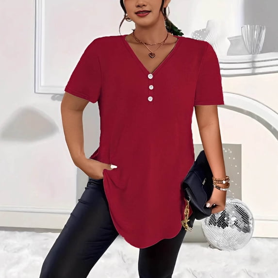 PNTUTB Women's Plus Size Solid Color V Neck Button Up Pullover Casual Loose Comfort Short Sleeve T Shirts