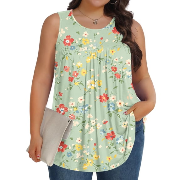 PNTUTB Women's Plus Size Summer Casual Fashion Printed Round Neck Loose Comfortable Sleeveless Tops