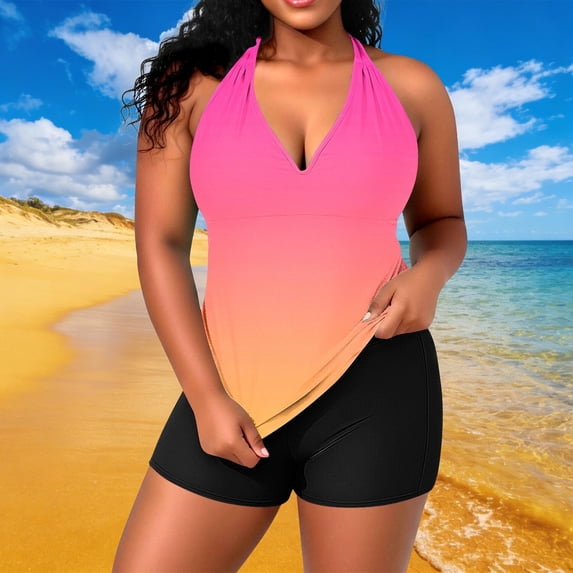 PNTUTB Women's Plus Size Summer Fashion Gradient V Neck Backless Halter Neck Adjustable Top with Padded Bra Swimsuit Set
