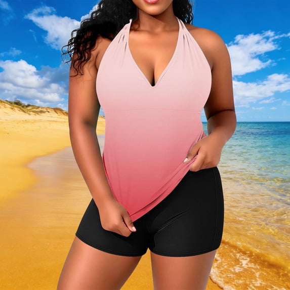 PNTUTB Women's Plus Size Summer Fashion Gradient V Neck Backless Halter Neck Adjustable Top with Padded Bra Swimsuit Set