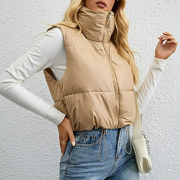 PNTUTB Women's Short Style Solid Color Puffer Vest Stand Up Collar Sleeveless Zipper Pocket Hoodless Coats