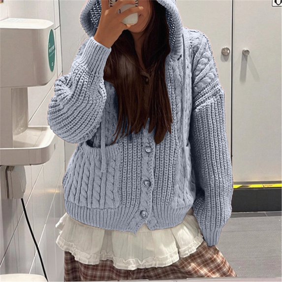 PNTUTB Women's Solid Color Cardigan Coats Coarse Knit Casual Hooded Long Sleeve Loose Sweater with Pockets