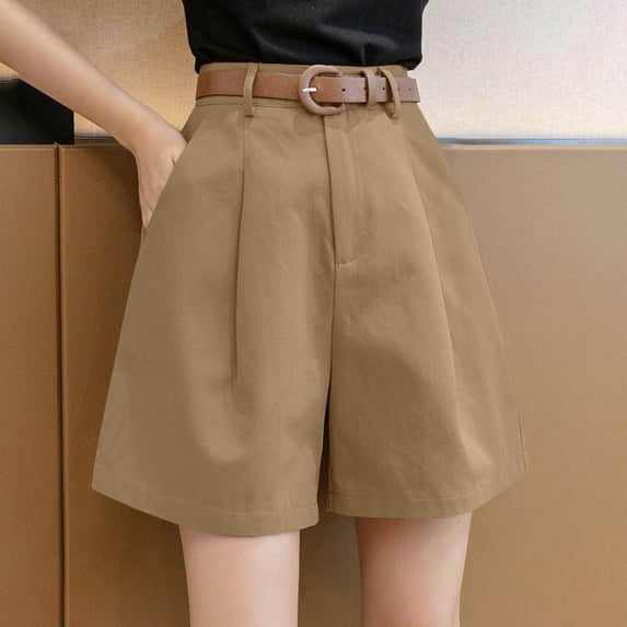 PNTUTB Women's Solid Color Casual Button Up Zipper Front Wide Leg Shorts with Belt Loops and Pockets