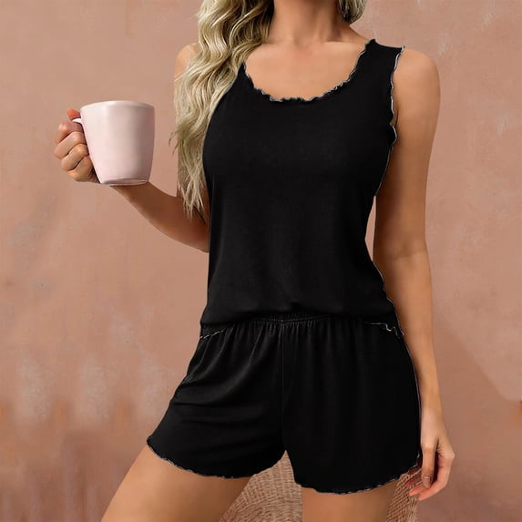 PNTUTB Women's Solid Color Casual Lightweight Crew Neck Sleeveless Tank Top with Elastic Waist Shorts Pajama Set